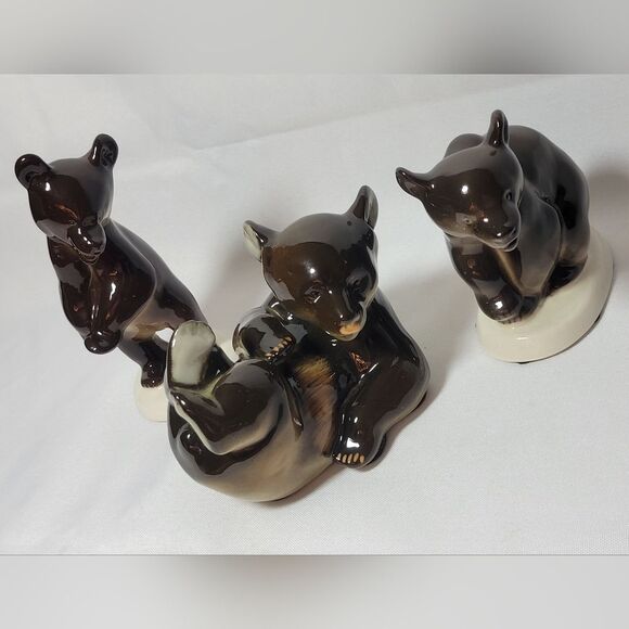 Vintage Lomonosov USSR Set Of 3 Porcelain Brown Bear Figurines - Picture 2 of 15